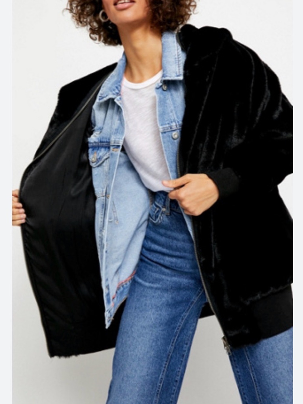 Free People Turn Up Zip Off Black Faux Fur Hoodie- M